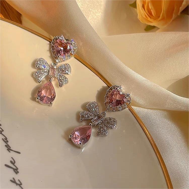 Chic CZ Inlaid Crystal Ribbon Heart Dangle Earrings - ArtGalleryZen