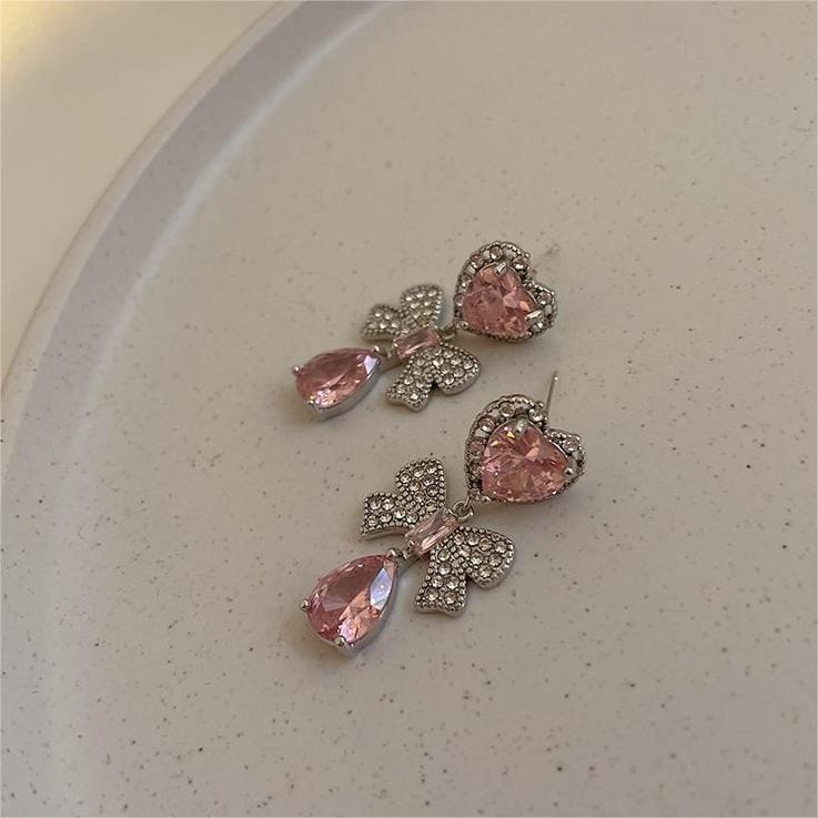 Chic CZ Inlaid Crystal Ribbon Heart Dangle Earrings - ArtGalleryZen