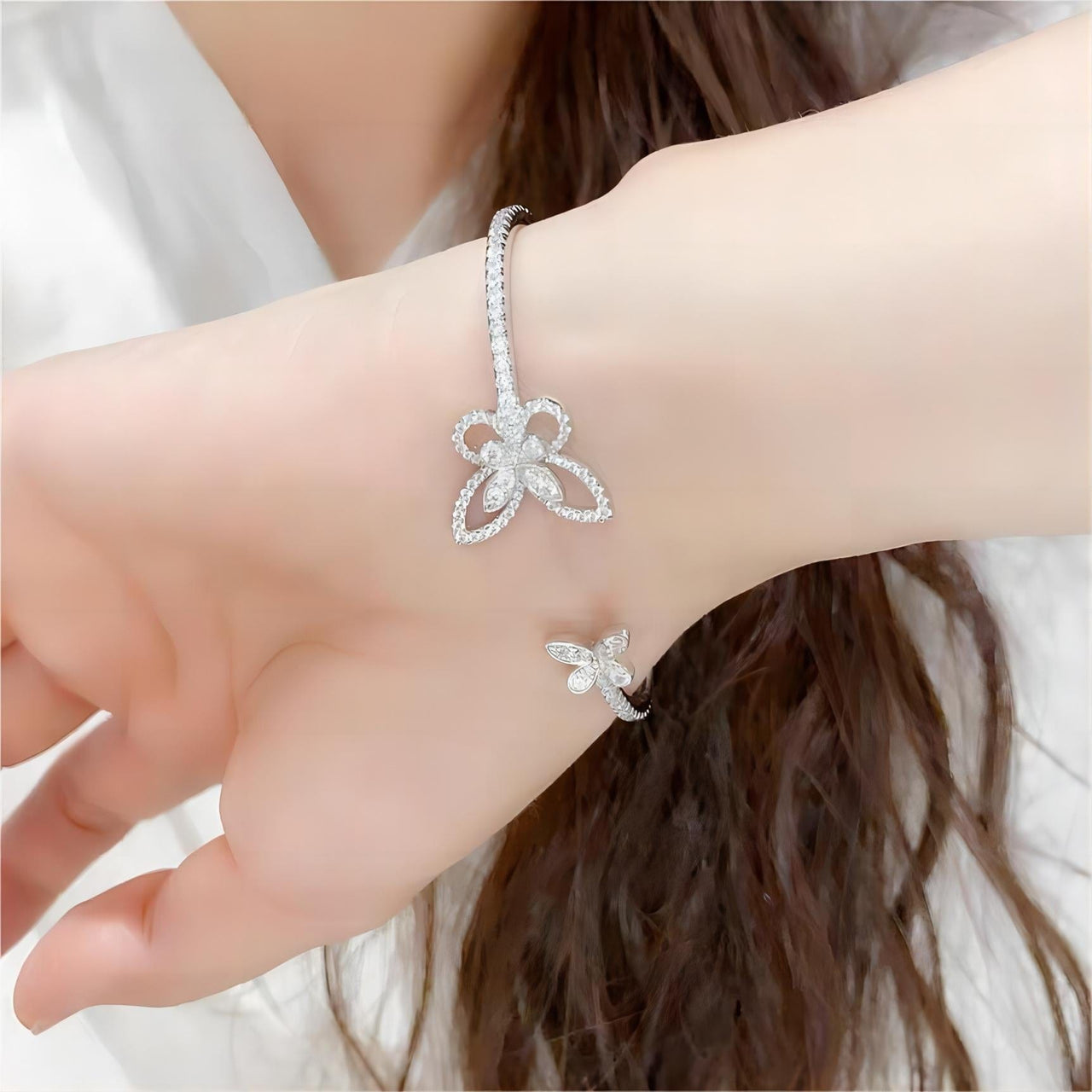 Chic CZ Inlaid Duo Butterfly Bangle Bracelet - ArtGalleryZen