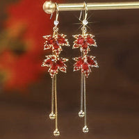 Thumbnail for Chic CZ Inlaid Duo Maple Leaf Chain Tassel Earrings - ArtGalleryZen