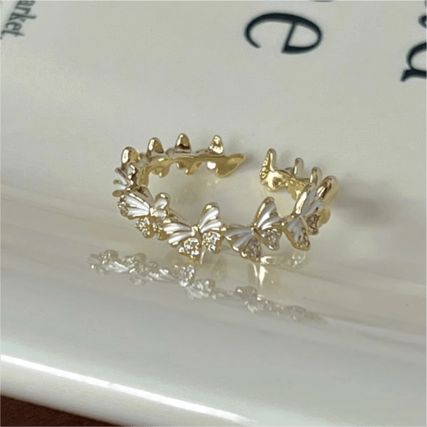 Chic CZ Inlaid Enamel Butterfly Open Ring - ArtGalleryZen