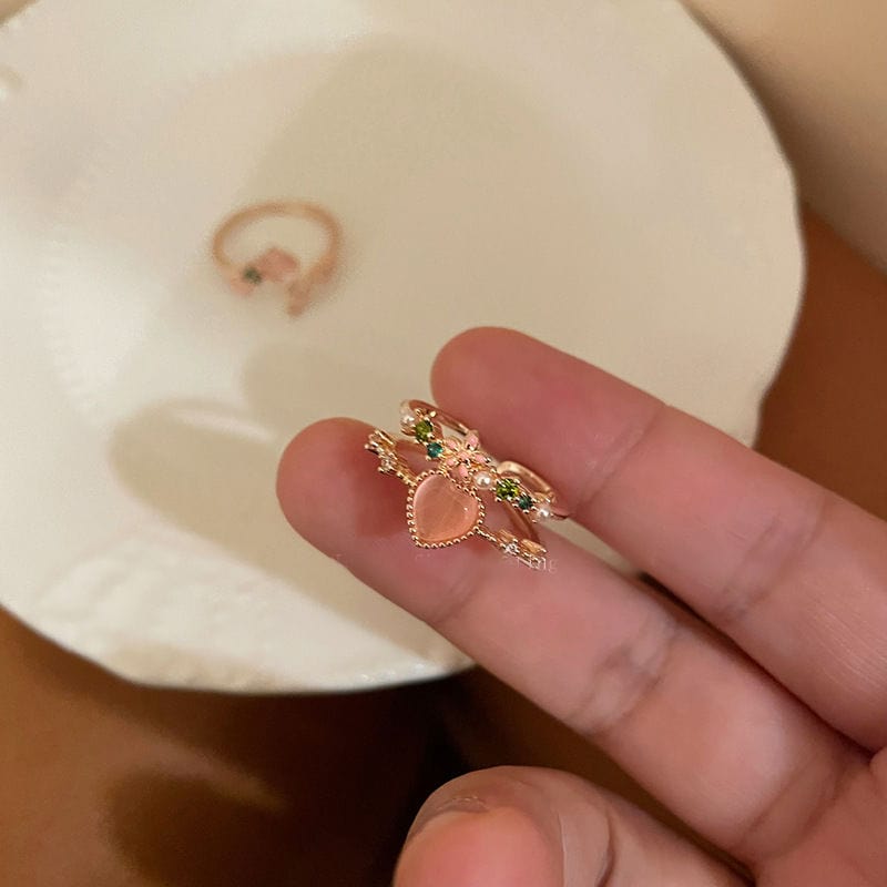Chic CZ Inlaid Enamel Floral Opal Heart Ring - ArtGalleryZen