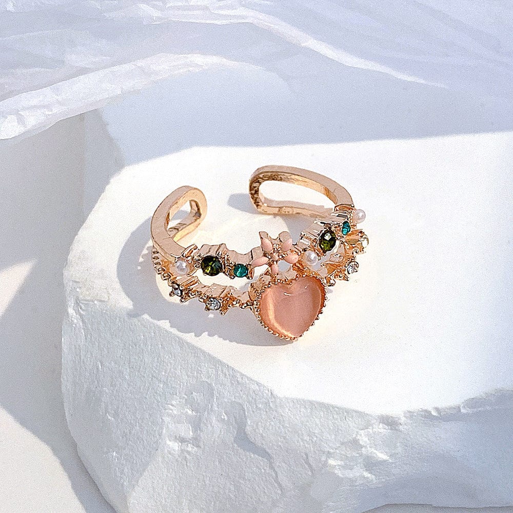 Chic CZ Inlaid Enamel Floral Opal Heart Ring - ArtGalleryZen