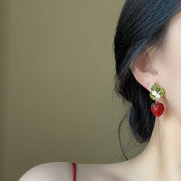 Thumbnail for Chic CZ Inlaid Enamel Leaf Strawberry Dangle Earrings - ArtGalleryZen