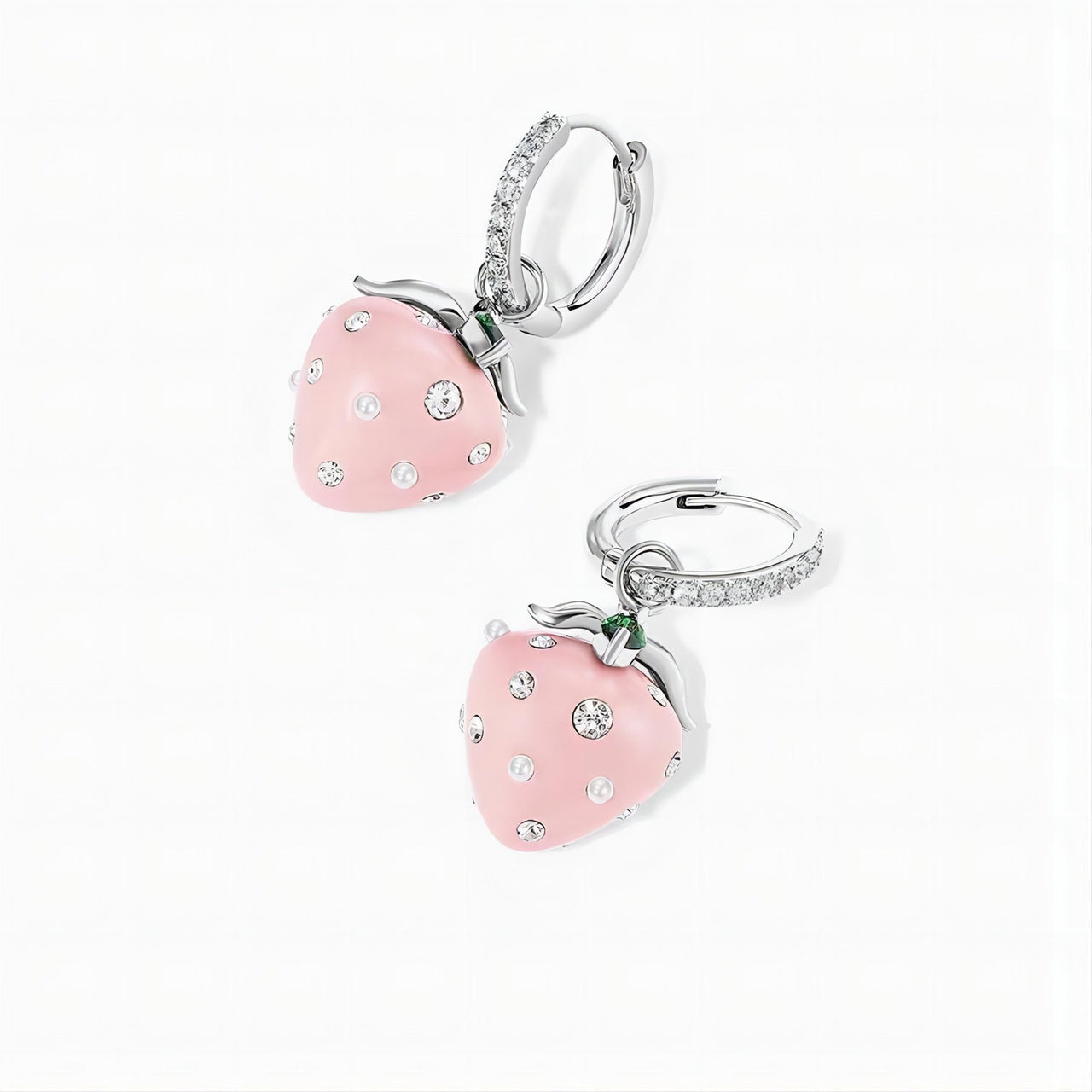 Chic CZ Inlaid Enamel Pink Strawberry Huggie Hoop Earrings - ArtGalleryZen