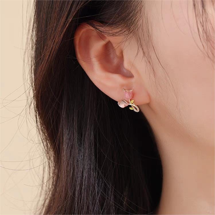 Chic CZ Inlaid Enamel Tulip Earrings - ArtGalleryZen