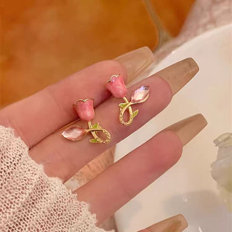 Chic CZ Inlaid Enamel Tulip Earrings - ArtGalleryZen