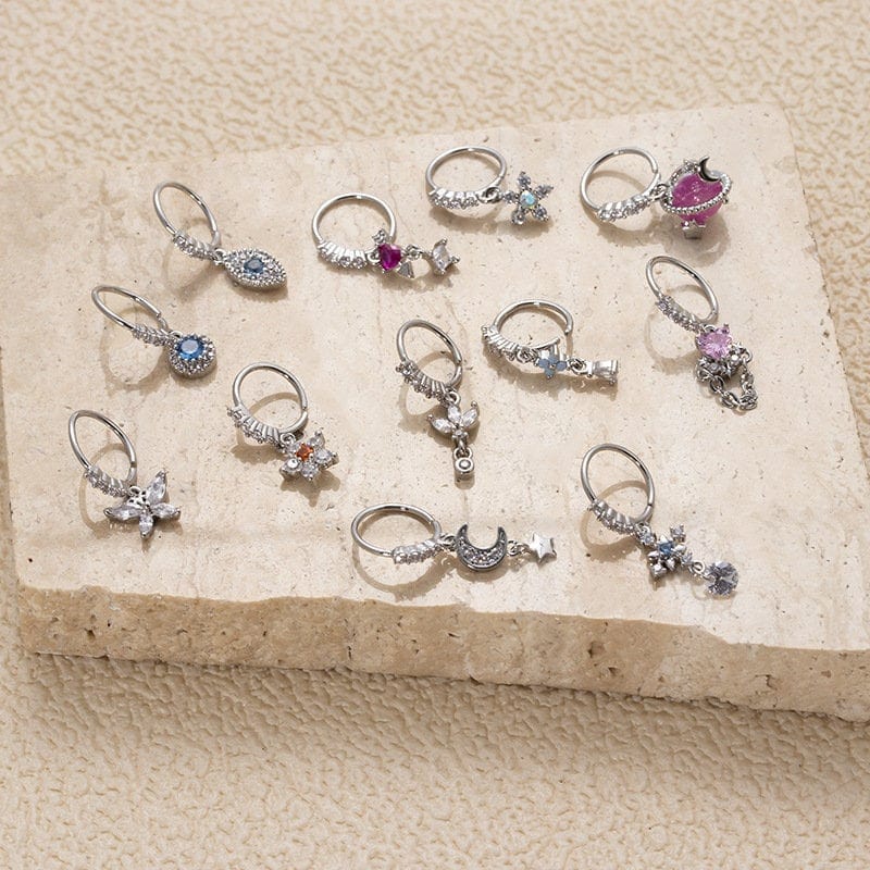 Chic CZ Inlaid Floral Arrow Heart Moon Star Dangling Nose Piercing Hoop - ArtGalleryZen