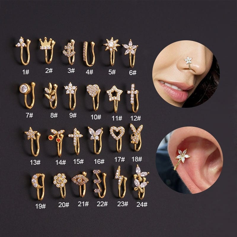 Chic CZ Inlaid Floral Butterfly Heart Star Non Piercing Ear Nose Cuff - ArtGalleryZen