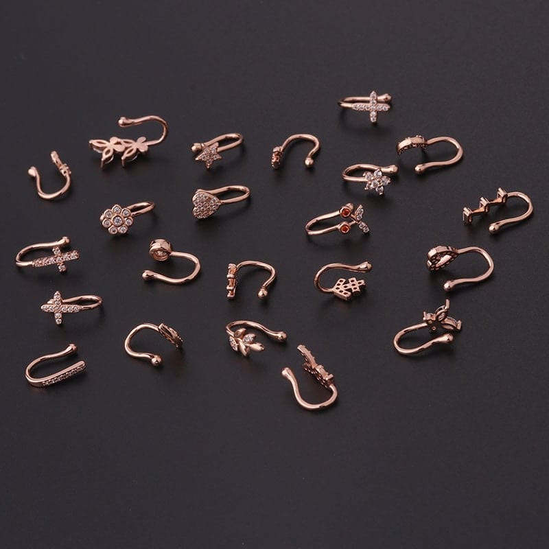 Chic CZ Inlaid Floral Butterfly Heart Star Non Piercing Ear Nose Cuff - ArtGalleryZen