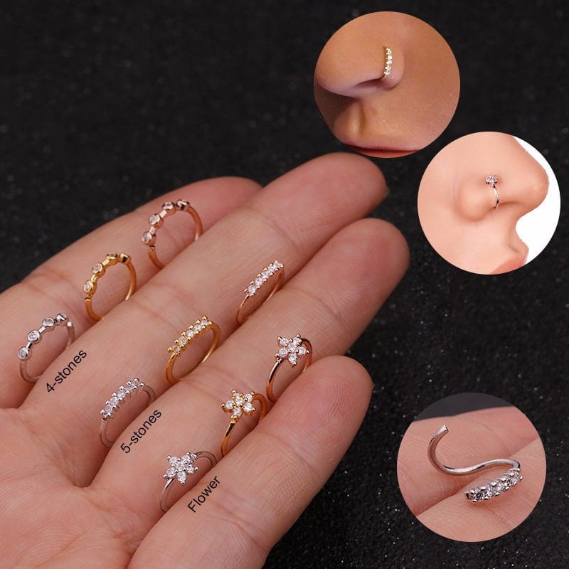 Chic CZ Inlaid Floral Stone Nose Piercing Nose Hoop - ArtGalleryZen