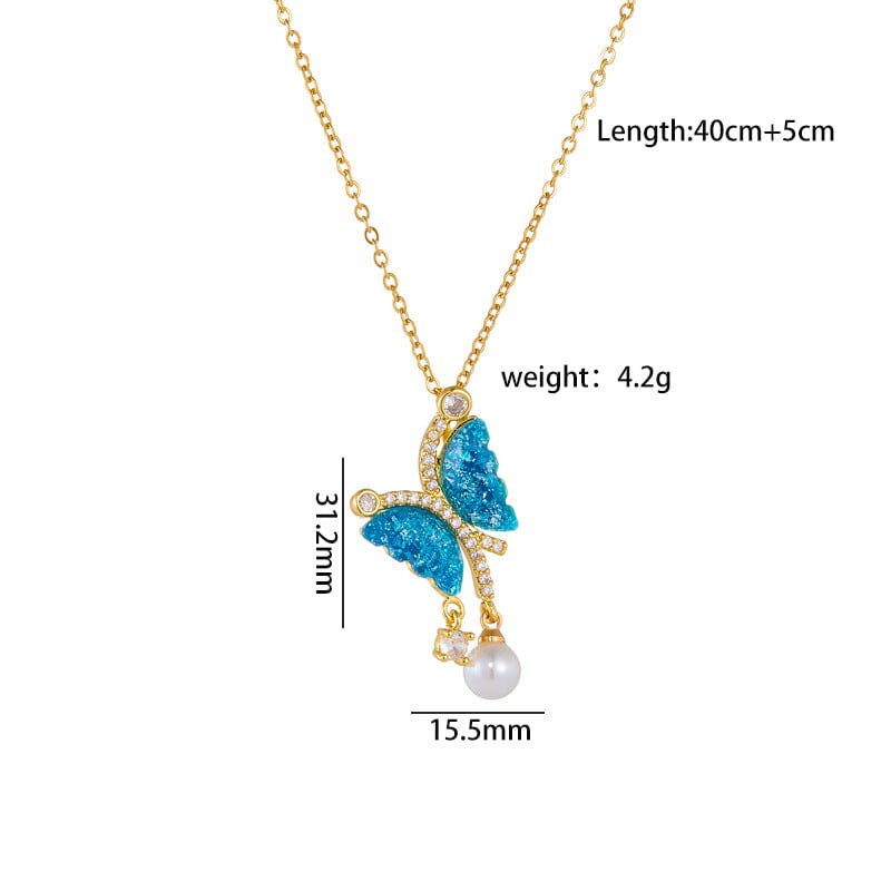 Chic CZ Inlaid Gradient Butterfly Pearl Pendant Cable Chain Necklace - ArtGalleryZen