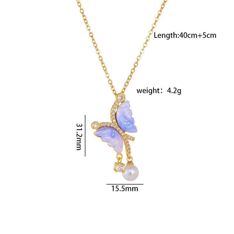 Chic CZ Inlaid Gradient Butterfly Pearl Pendant Cable Chain Necklace - ArtGalleryZen