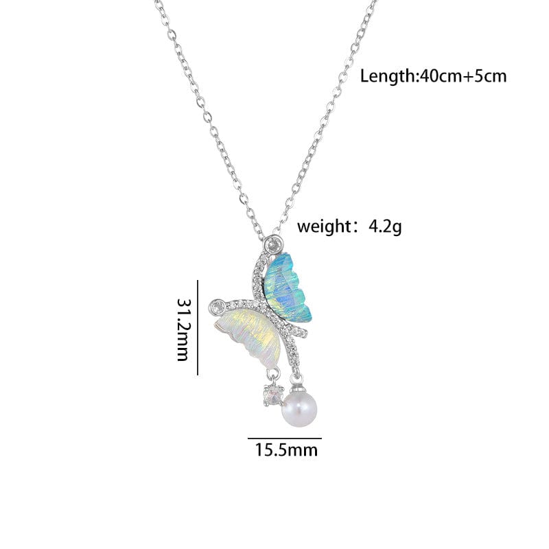 Chic CZ Inlaid Gradient Butterfly Pearl Pendant Cable Chain Necklace - ArtGalleryZen