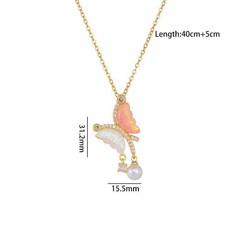 Chic CZ Inlaid Gradient Butterfly Pearl Pendant Cable Chain Necklace - ArtGalleryZen