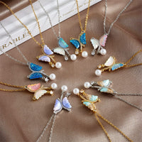 Thumbnail for Chic CZ Inlaid Gradient Butterfly Pearl Pendant Cable Chain Necklace - ArtGalleryZen