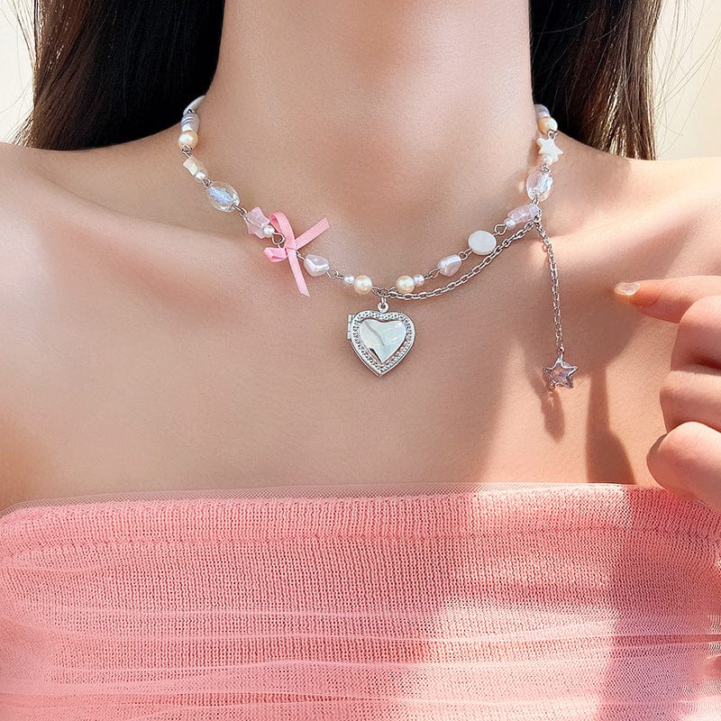 Chic CZ Inlaid Heart Locket Pendant Star Pearl Chain Necklace - ArtGalleryZen