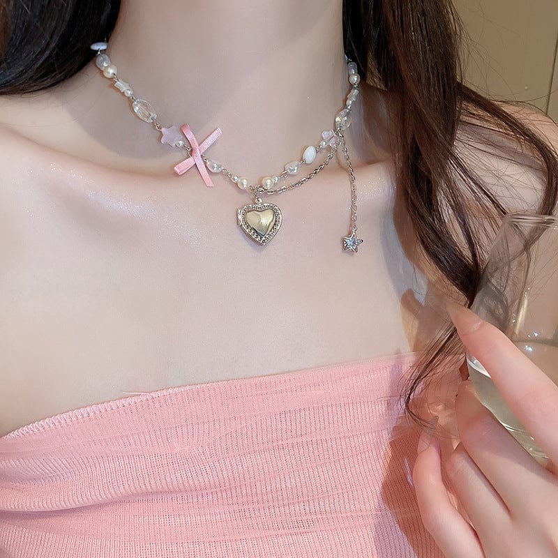 Chic CZ Inlaid Heart Locket Pendant Star Pearl Chain Necklace - ArtGalleryZen