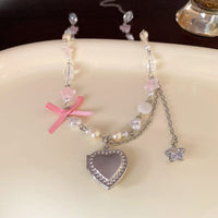 Thumbnail for Chic CZ Inlaid Heart Locket Pendant Star Pearl Chain Necklace - ArtGalleryZen