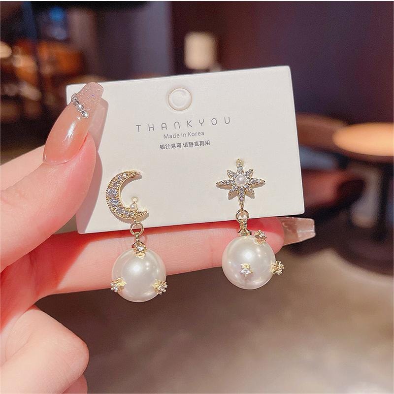 Chic CZ Inlaid Moon Phase Star Dangle Pearl Earrings - ArtGalleryZen