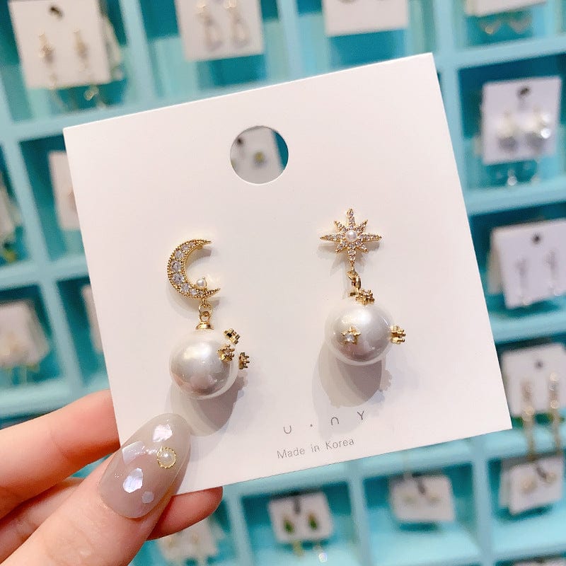 Chic CZ Inlaid Moon Phase Star Dangle Pearl Earrings - ArtGalleryZen