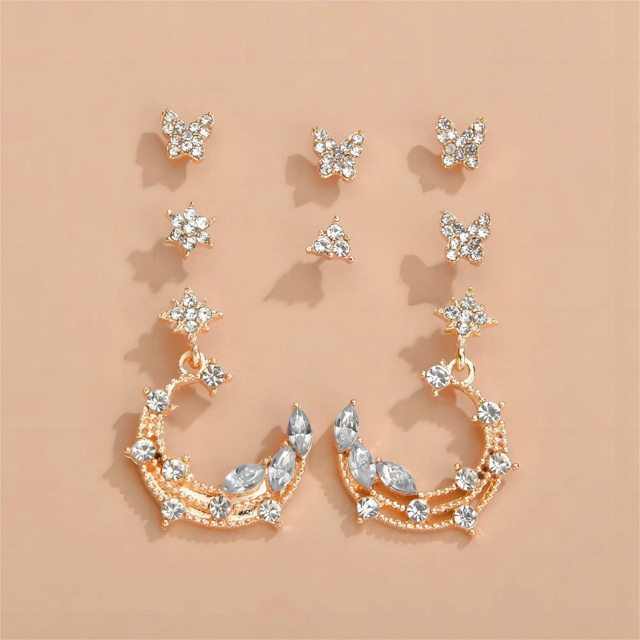 Chic CZ Inlaid Moon Phase Star Dangle Stud Earrings Set - ArtGalleryZen