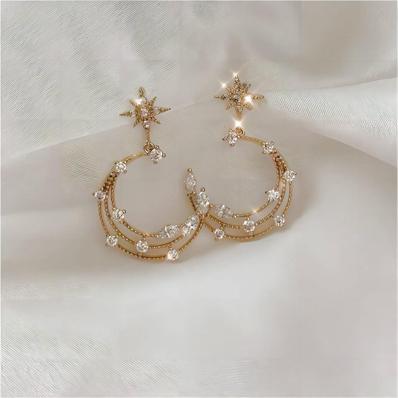 Chic CZ Inlaid Moon Phase Star Dangle Stud Earrings Set - ArtGalleryZen