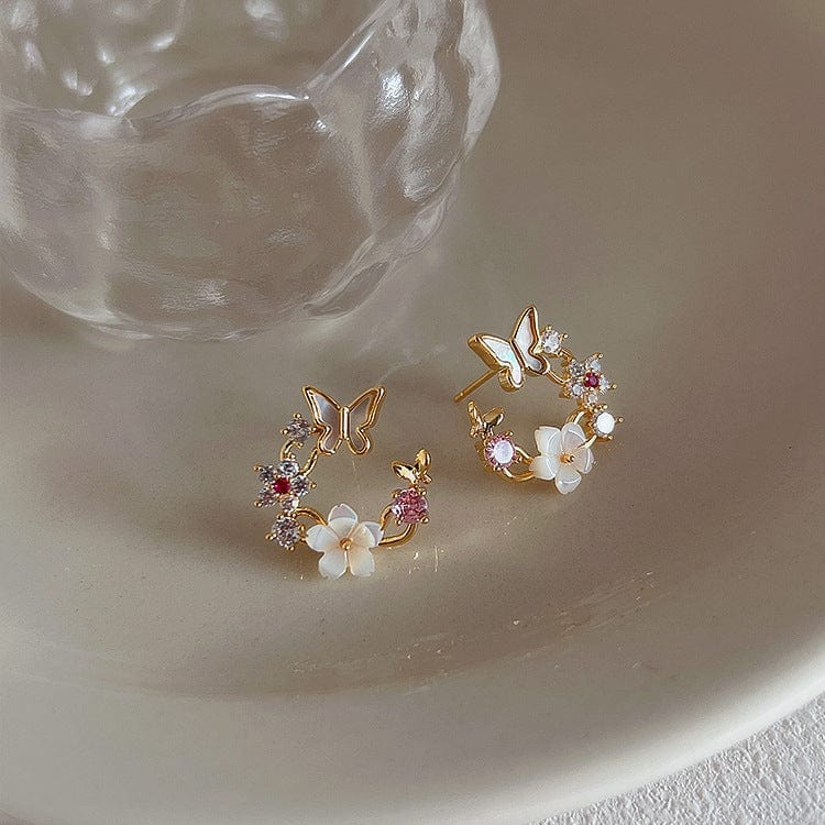 Chic CZ Inlaid Natural Pearl Shell Butterfly Floral Earrings - ArtGalleryZen