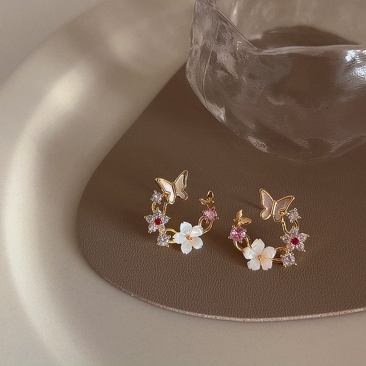 Chic CZ Inlaid Natural Pearl Shell Butterfly Floral Earrings - ArtGalleryZen
