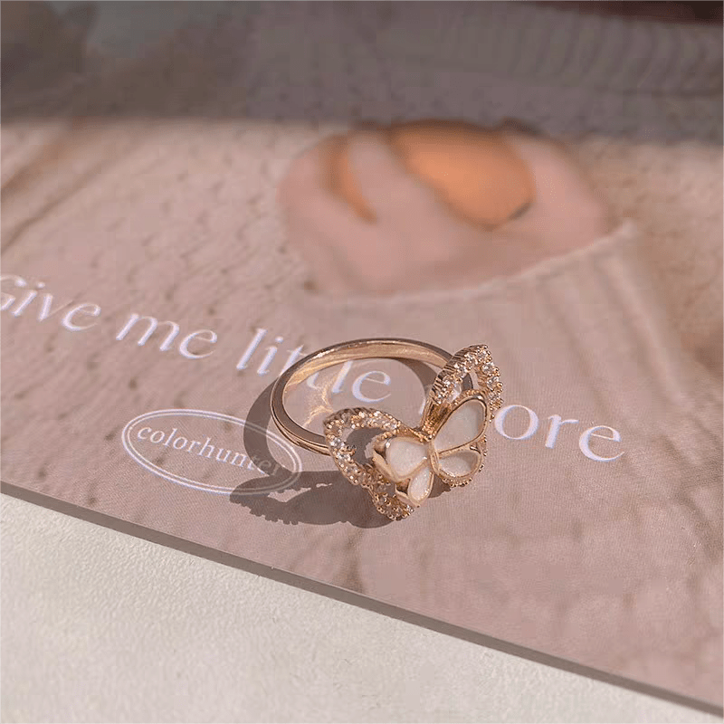 Chic CZ Inlaid Natural Pearl Shell Duo Butterfly Ring - ArtGalleryZen