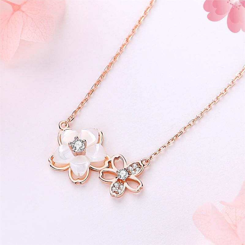 Chic CZ Inlaid Natural Pearl Shell Duo Cherry Blossom Necklace - ArtGalleryZen