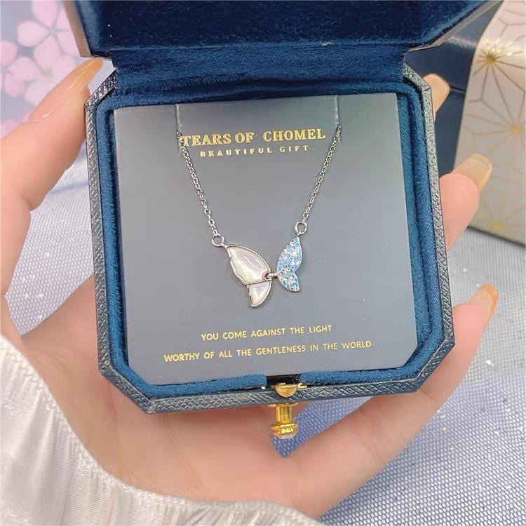 Chic CZ Inlaid Natural Pearl Shell Flapping Wings Butterfly Necklace - ArtGalleryZen