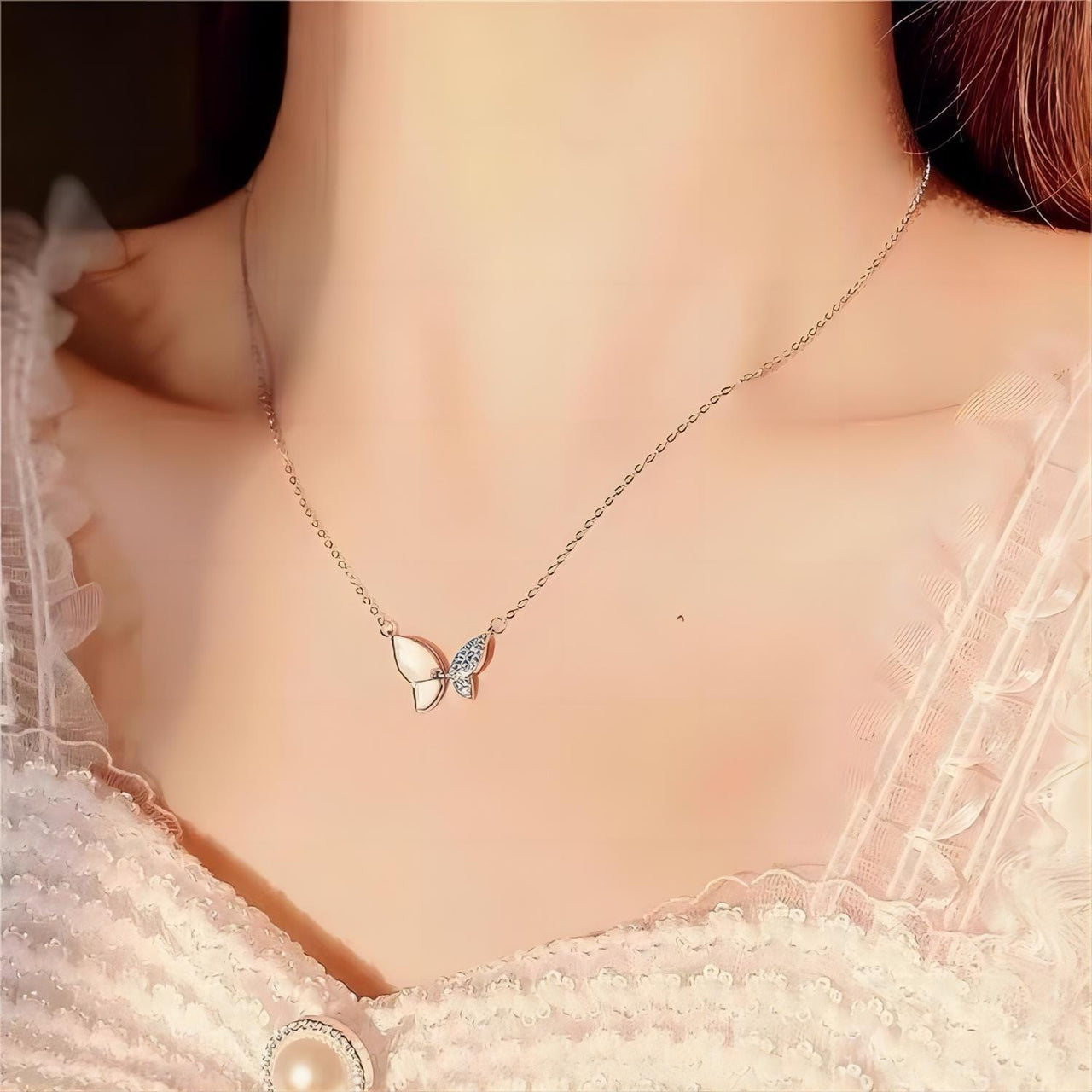 Chic CZ Inlaid Natural Pearl Shell Flapping Wings Butterfly Necklace - ArtGalleryZen