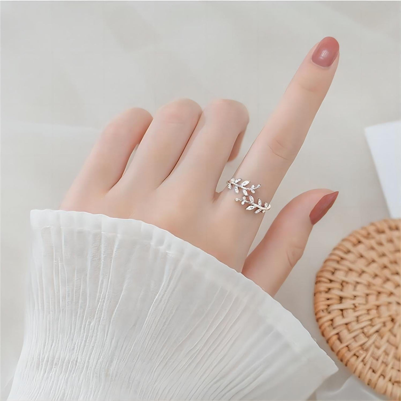 Chic CZ Inlaid Olive Branch Ring - ArtGalleryZen