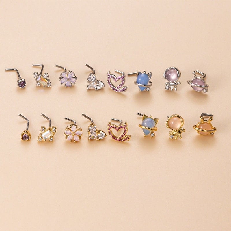 Chic CZ Inlaid Opal Astronaut Alien Floral Heart Nose Piercing Nose Stud - ArtGalleryZen