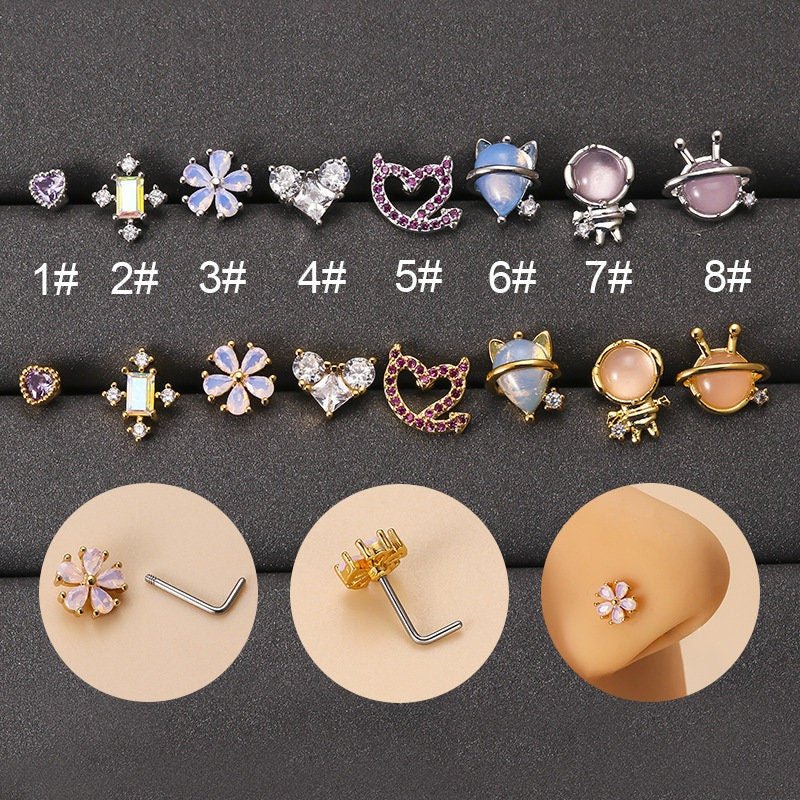 Chic CZ Inlaid Opal Astronaut Alien Floral Heart Nose Piercing Nose Stud - ArtGalleryZen