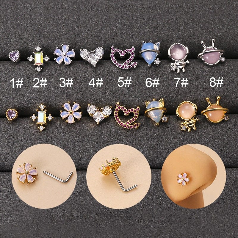 Chic CZ Inlaid Opal Astronaut Alien Floral Heart Nose Piercing Nose Stud - ArtGalleryZen