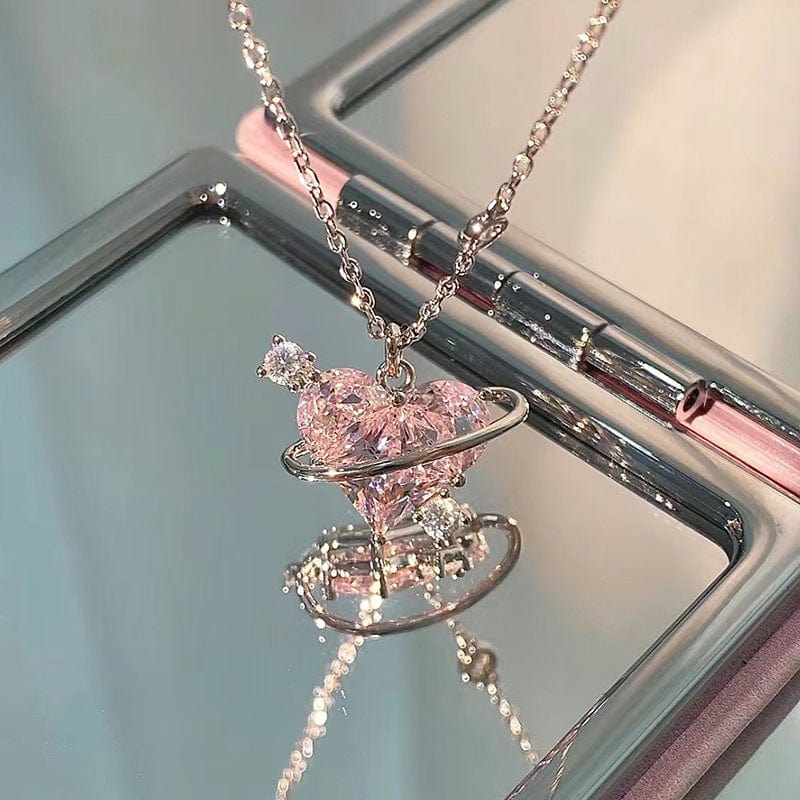 Chic CZ Inlaid Pink Celestial Heart Necklace - ArtGalleryZen