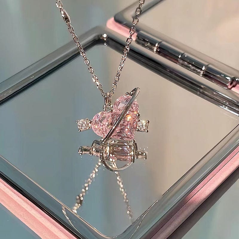 Chic CZ Inlaid Pink Celestial Heart Necklace - ArtGalleryZen