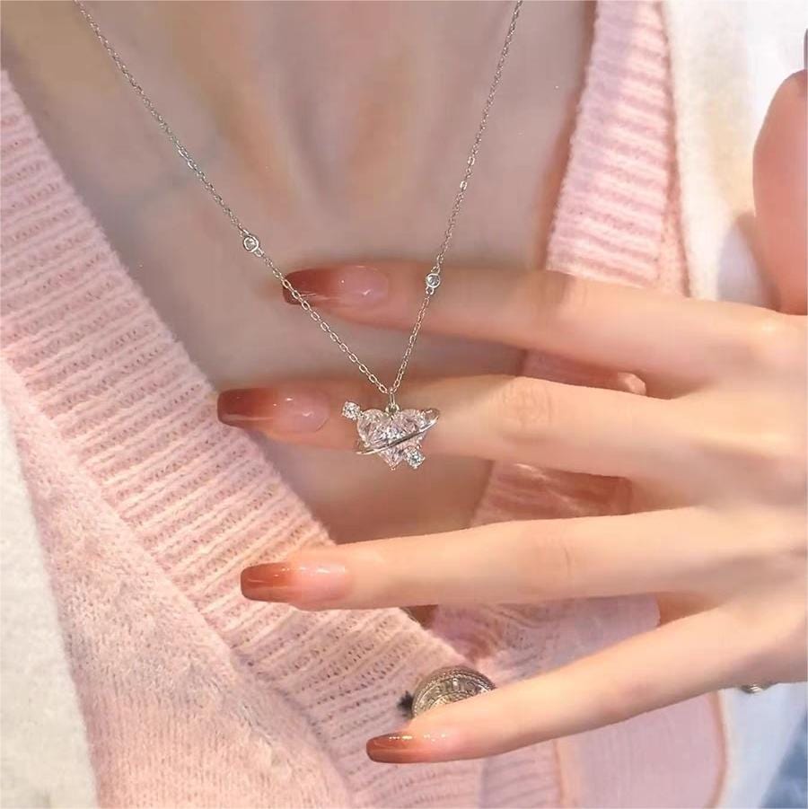 Chic CZ Inlaid Pink Celestial Heart Necklace - ArtGalleryZen