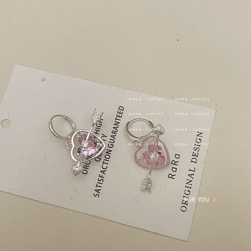 Chic CZ Inlaid Pink Crystal Arrow Heart Earrings - ArtGalleryZen
