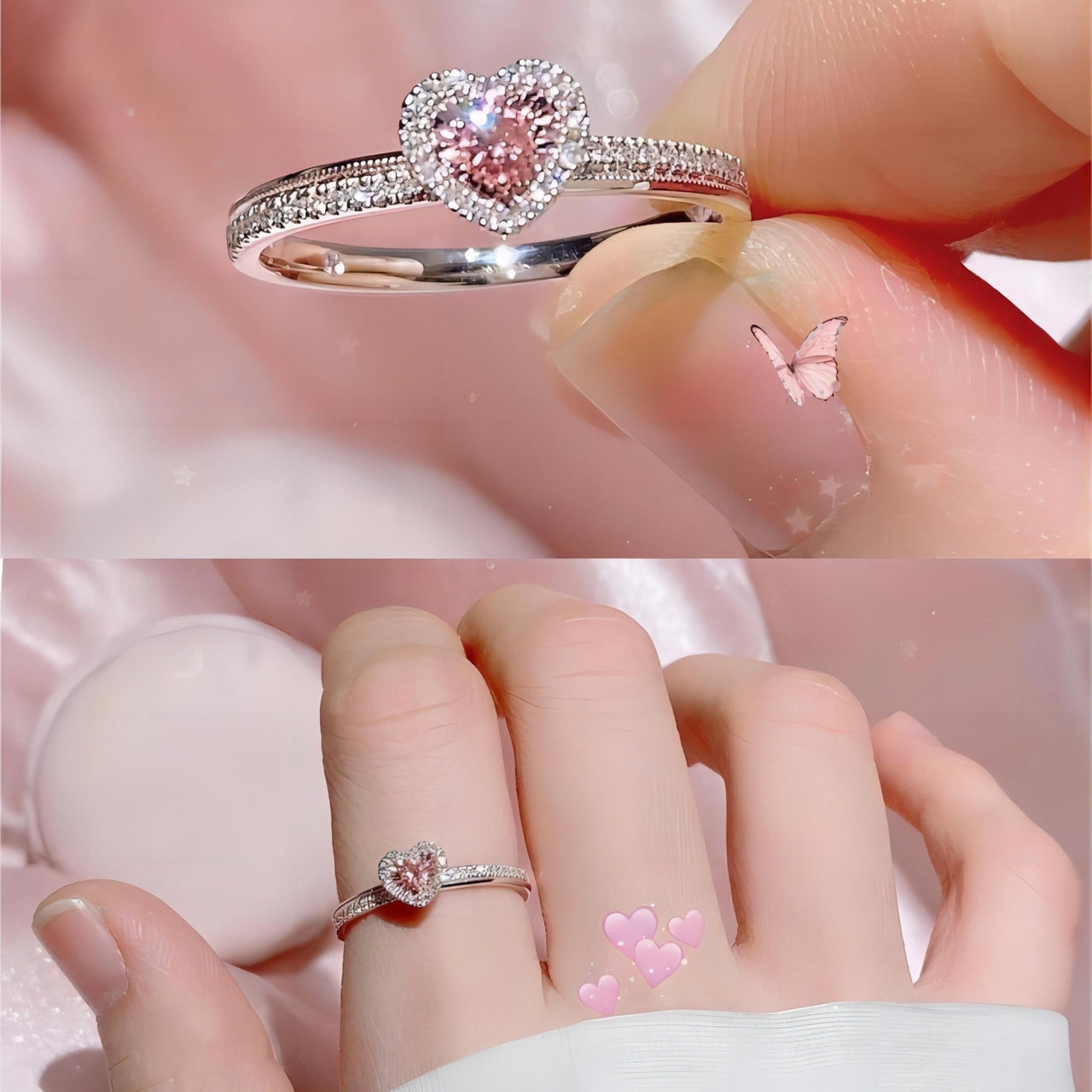 Chic CZ Inlaid Pink Crystal Heart Ring - ArtGalleryZen