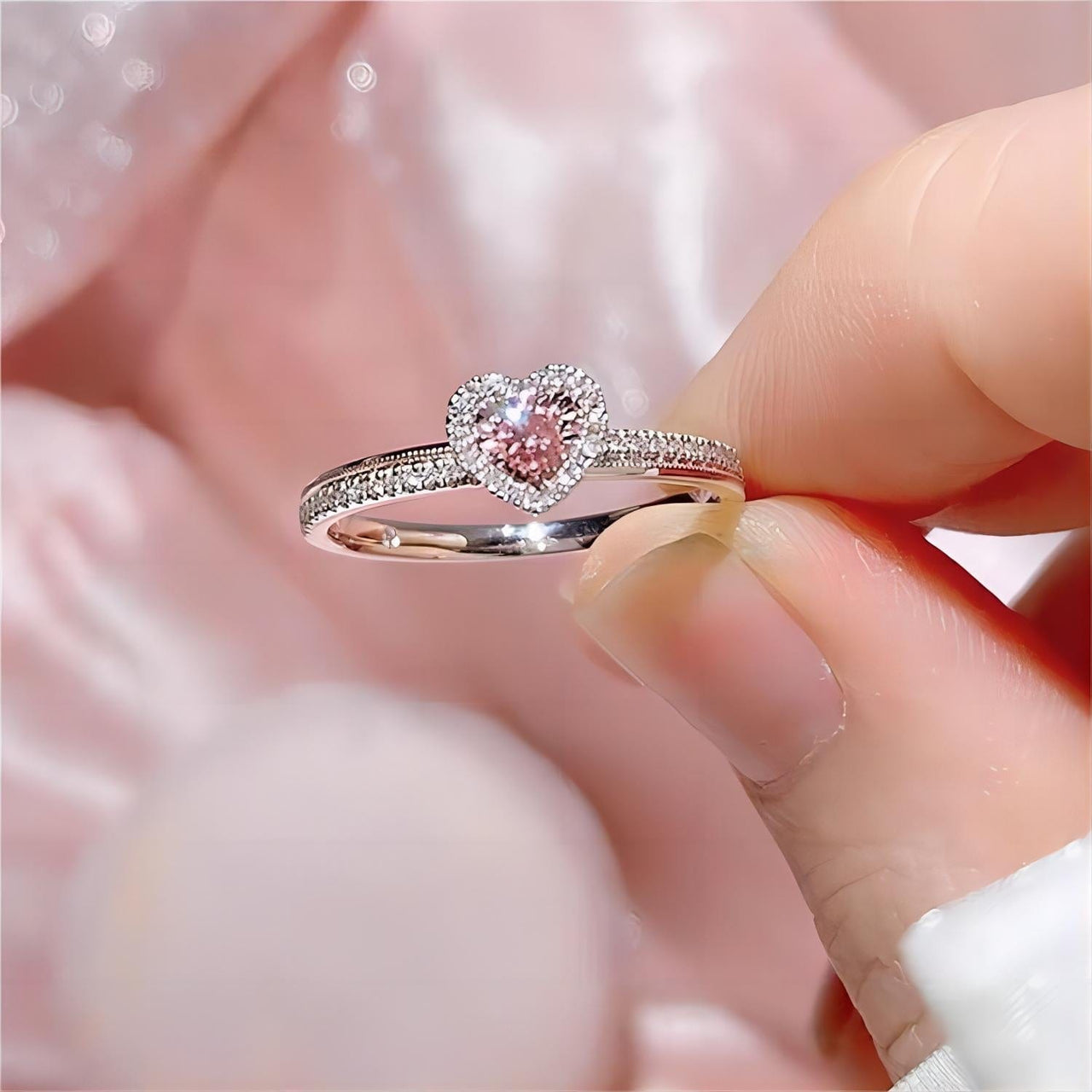 Chic CZ Inlaid Pink Crystal Heart Ring - ArtGalleryZen