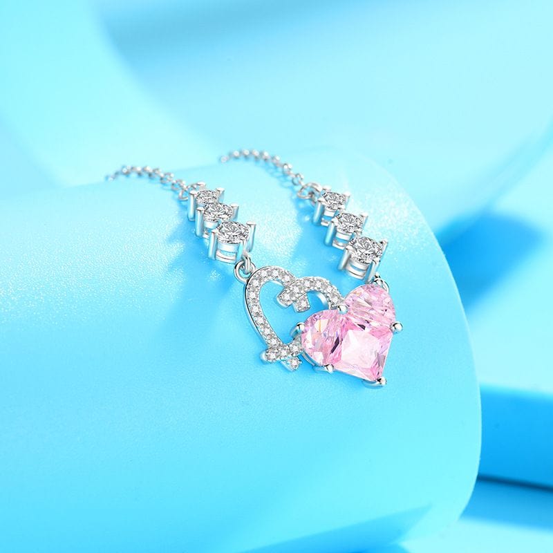 Chic CZ Inlaid Pink Diamond Duo Heart Necklace - ArtGalleryZen