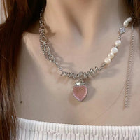 Thumbnail for Chic CZ Inlaid Pink Strawberry Pendant Pearl Chain Choker Necklace - ArtGalleryZen