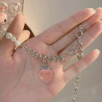 Thumbnail for Chic CZ Inlaid Pink Strawberry Pendant Pearl Chain Choker Necklace - ArtGalleryZen