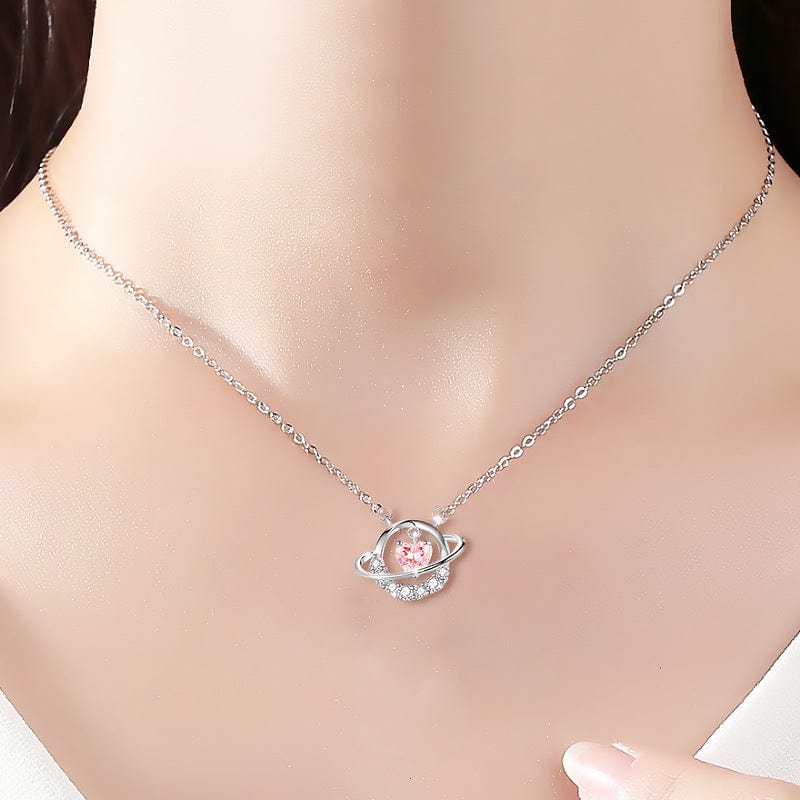 Chic CZ Inlaid Planet Dangle Heart Pendant Necklace - ArtGalleryZen