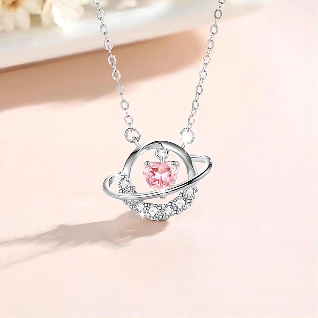 Chic CZ Inlaid Planet Dangle Heart Pendant Necklace - ArtGalleryZen