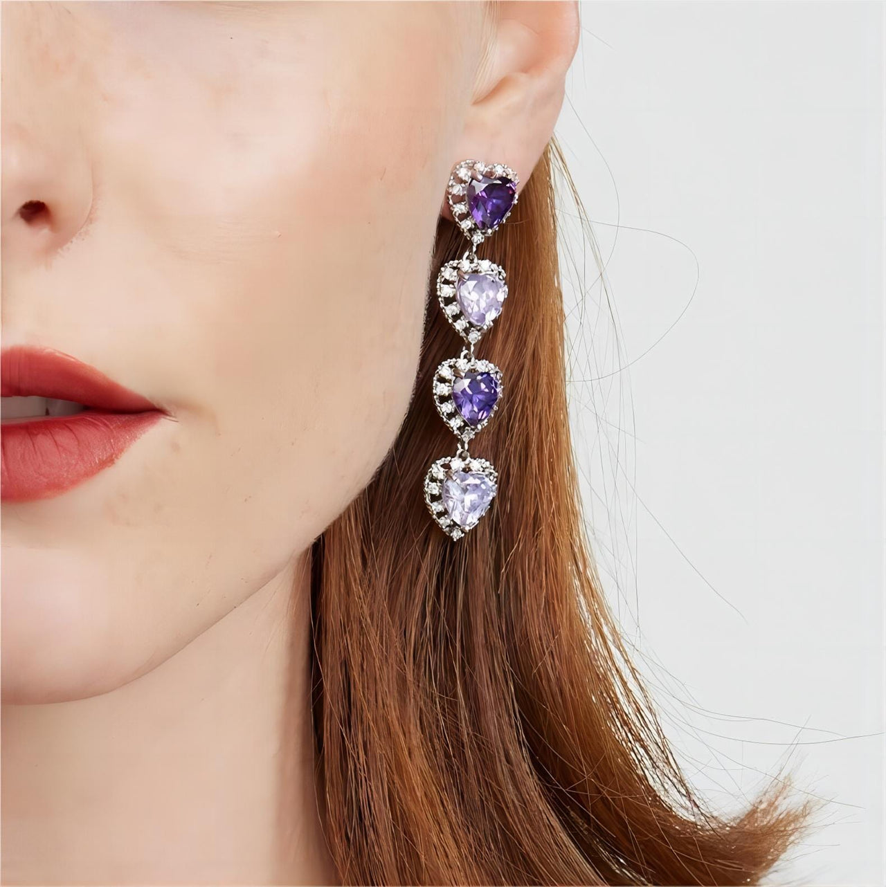 Chic CZ Inlaid Purple Crystal Heart Dangle Earrings - ArtGalleryZen