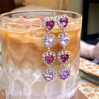 Thumbnail for Chic CZ Inlaid Purple Crystal Heart Dangle Earrings - ArtGalleryZen